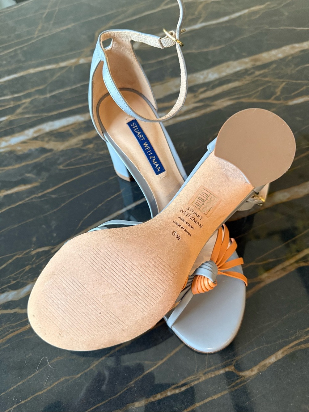 Stuart Weitzman Sky Blue and Orange Knotted Strappy Block Heel Sandals - Picture 3 of 4